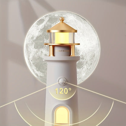 Moon Lighthouse Projector Night Light, Motion Sensor LED Lamp with USB Charging, Always-On Mode, Moonlight Ocean Projection
