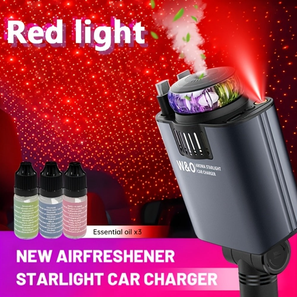 3-in-1 Car Charger Starlight Projector & Aroma Diffuser USB-C Port 2.6ft Retractable Cable Fast Charging Car Phone Charger with Blue Red