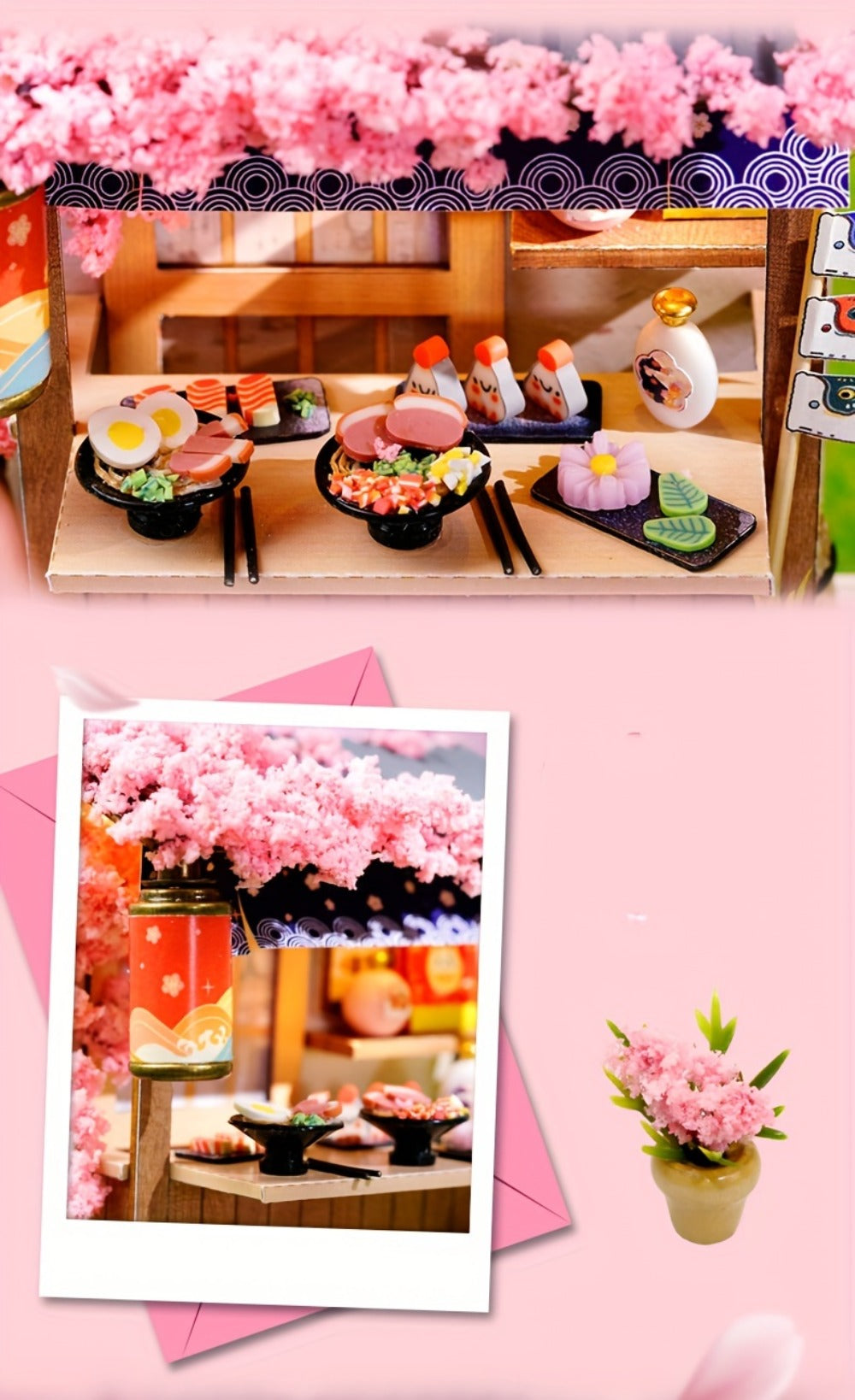DIY Miniature Shop Dollhouse Kit with Dust Cover, Wooden Mini Store Assembly Set, 4 Themes Sakura Noodles Candy Atelier Coffee