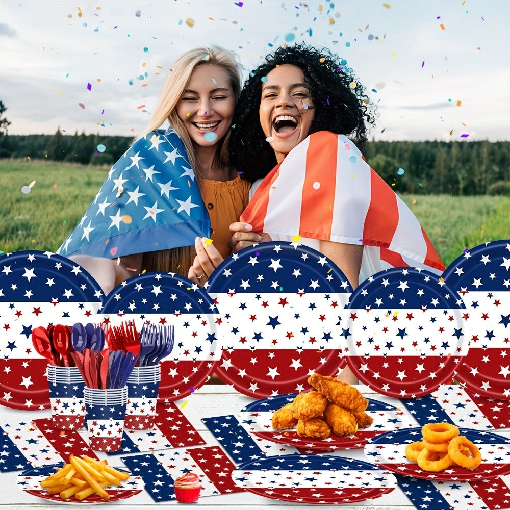 Patriotic Tableware Party Supplies Set with 140 Pieces for 20 Red White Blue Star-Print Settings