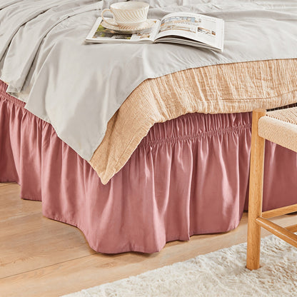 Bed Skirt Elastic Wrap Around Ruffle – 15 Inch Drop Microfiber Dust Ruffle, Adjustable No-Lift Fit, Fade Resistant Machine Washable