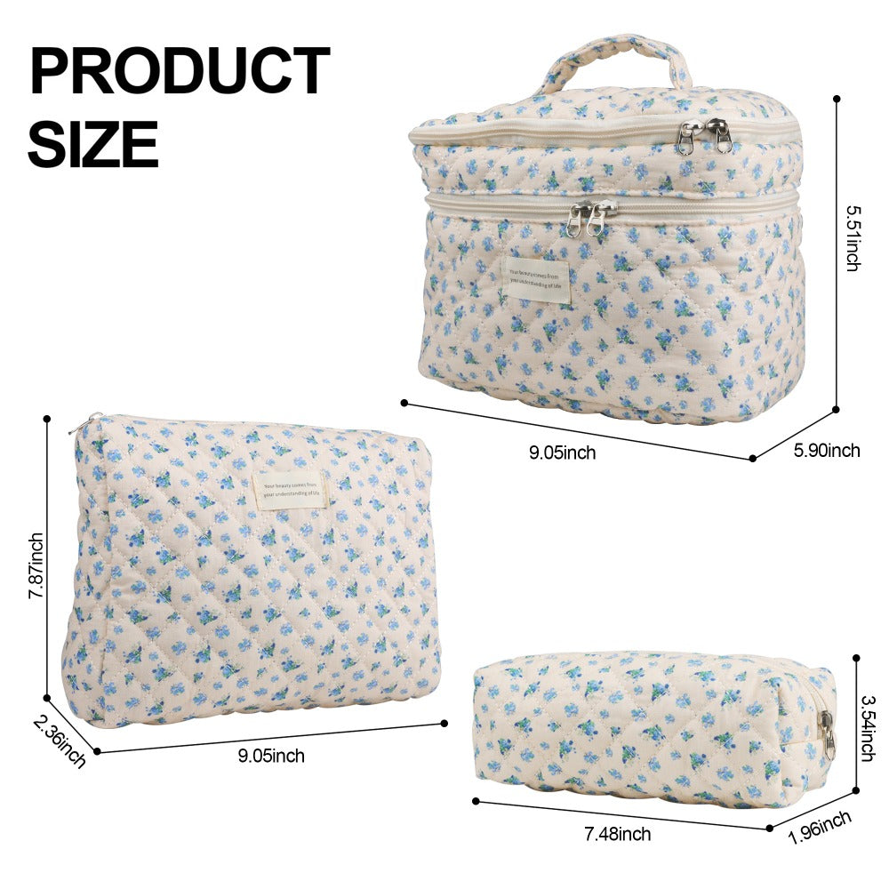 Quilted Floral Makeup Bag Set 3PCS Large Capacity Dual Layer Cotton Cosmetic Bags Coquette Aesthetic Travel Toiletry Organizer Gift