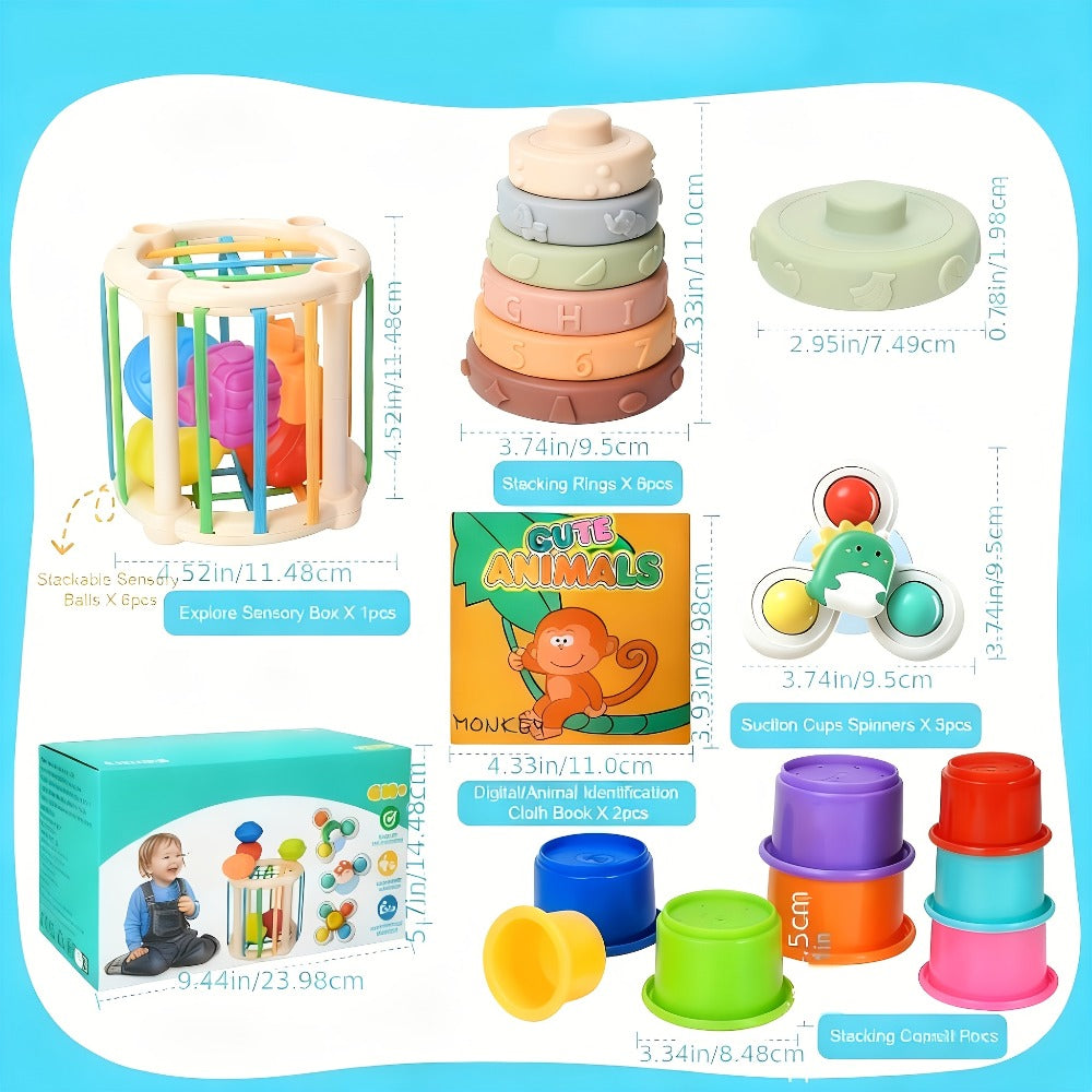 Sensory Stacking Toy Set 3-in-1 for Toddlers & Babies, Hand-Eye Coordination & Fine Motor Skills Activity Kit with Cloth Book