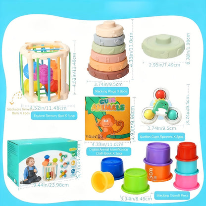 Sensory Stacking Toy Set 3-in-1 for Toddlers & Babies, Hand-Eye Coordination & Fine Motor Skills Activity Kit with Cloth Book