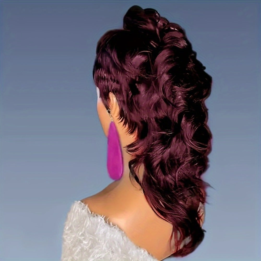 Synthetic Wig 14-Inch Curly-Wave Pixie Mullet with Bangs, 150% Density and Rose Net Cap in Three Colors