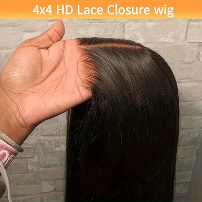 Glueless Straight Human Hair Wig 4x4 Lace Closure Pre-Plucked Natural Hairline Versatile Parting Natural Black 12-28 Inch Women No Glue