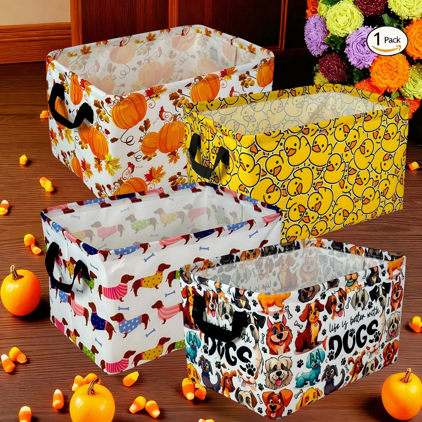 Soft Open-Top Printed Storage Bin with Side Handles and Cat, Dog, Pumpkin, Duck or Dachshund Designs