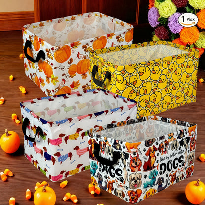 Soft Open-Top Printed Storage Bin with Side Handles and Cat, Dog, Pumpkin, Duck or Dachshund Designs