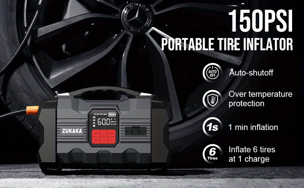 Jump Starter with Air Compressor 9000A Peak 10-in-1 150 PSI for All Gas 10L Diesel 12V USB USB-C Digital for Garden, Patio and Yard Use