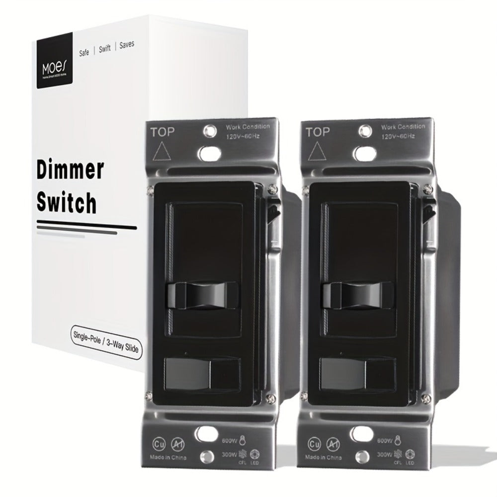 MOES Slide Dimmer Light Switch 3-Way & Single Pole No Neutral Wire, 600W Max, Compatible with LED CFL Incandescent Halogen