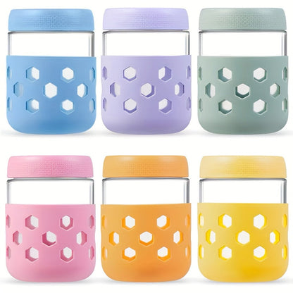 Glass Jar Food Storage Organizer Six-Pack with 16oz Screw-Top Jars and Optional Silicone Sleeves