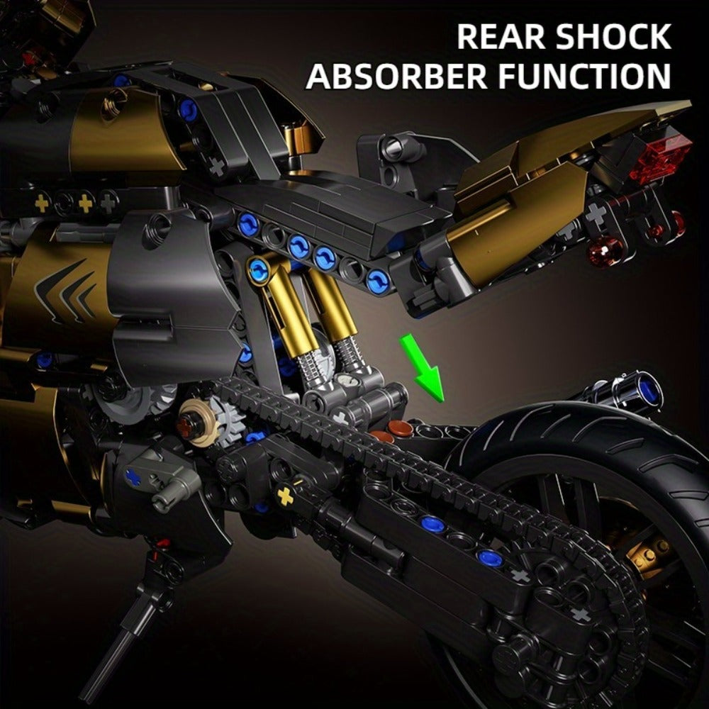 1000PCS Motorcycle Building Blocks 1:10 Scale DIY Black & Gold Motorbike Model Kit – Adult Collector Display Ornament