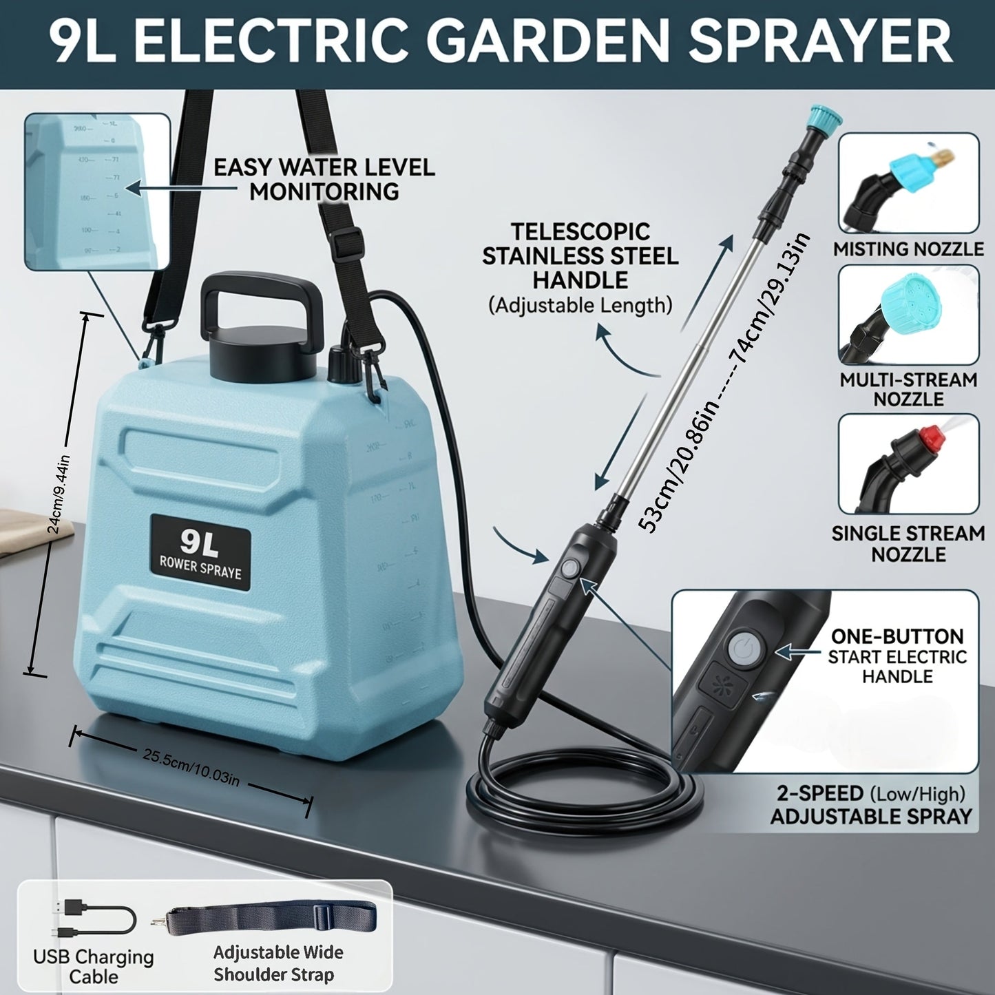 Garden Sprayer Battery Powered Electric USB Rechargeable 1.6-2.4 Gal with 3 Mist Nozzles Adjustable for Garden, Patio and Yard Use