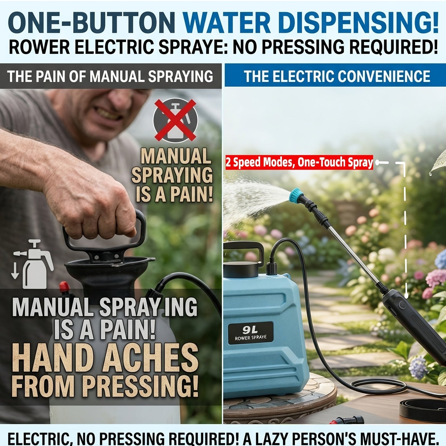 Garden Sprayer Battery Powered Electric USB Rechargeable 1.6-2.4 Gal with 3 Mist Nozzles Adjustable for Garden, Patio and Yard Use