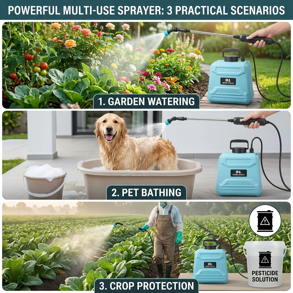 Garden Sprayer Battery Powered Electric USB Rechargeable 1.6-2.4 Gal with 3 Mist Nozzles Adjustable for Garden, Patio and Yard Use