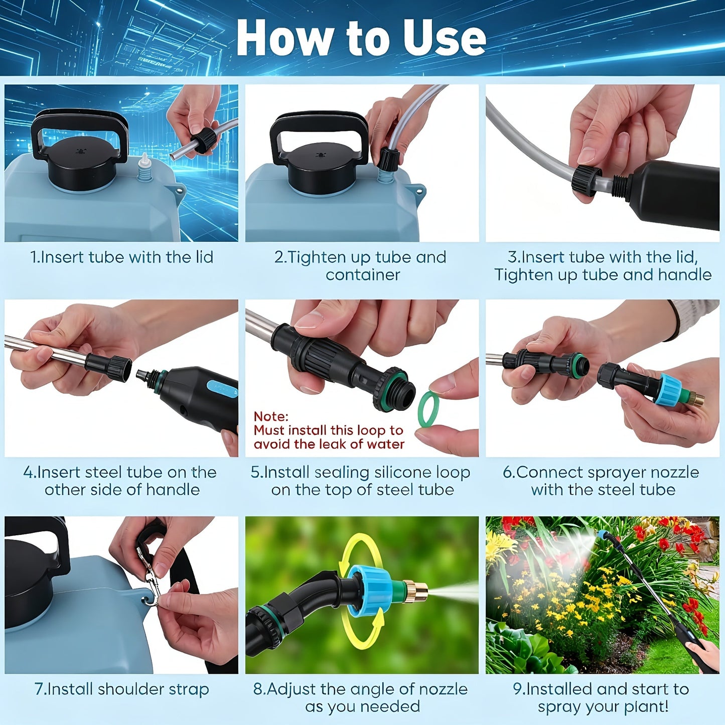 Garden Sprayer Battery Powered Electric USB Rechargeable 1.6-2.4 Gal with 3 Mist Nozzles Adjustable for Garden, Patio and Yard Use