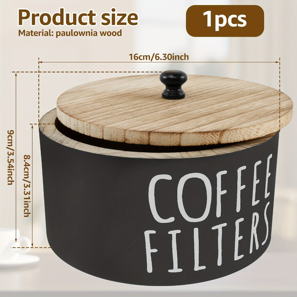 Wooden Coffee Filter Holder with Lid – Large Capacity Rustic Round Organizer Dispenser for Coffee Filters & Tea Bags, Bamboo Lid