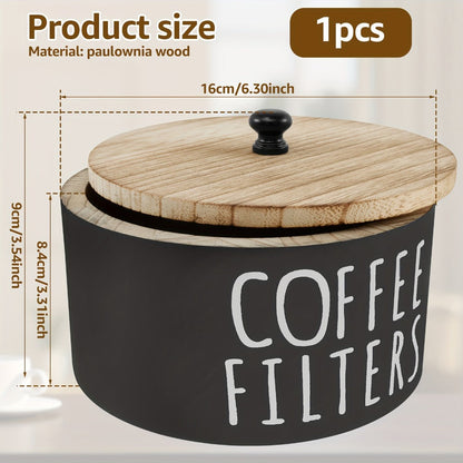 Wooden Coffee Filter Holder with Lid – Large Capacity Rustic Round Organizer Dispenser for Coffee Filters & Tea Bags, Bamboo Lid