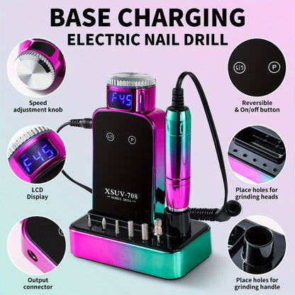 Electric Nail Drill 45000 RPM Cordless Kit with Charging Base, Display and Four Color Options