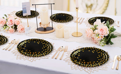Disposable Party Supplies Set 150 Piece Black and Gold – Paper Plates, Napkins & Forks for 50 Guests, Elegant Tableware for Birthday