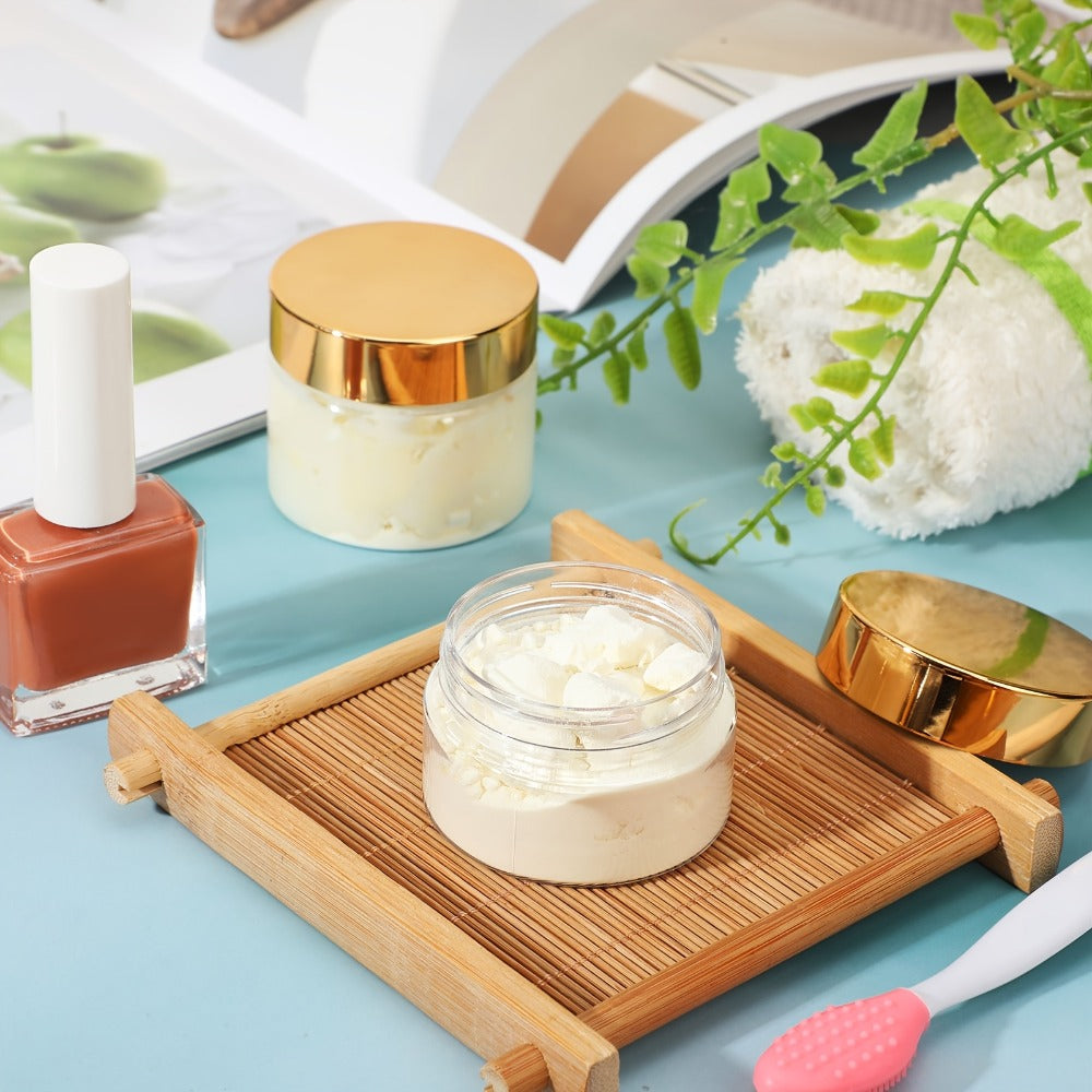 Wide Mouth Plastic Jars with Lids 2oz 100 Pack Clear Cosmetic Containers with Golden Flip Top Lid for Lotion Cream Body Butter Lip Balm