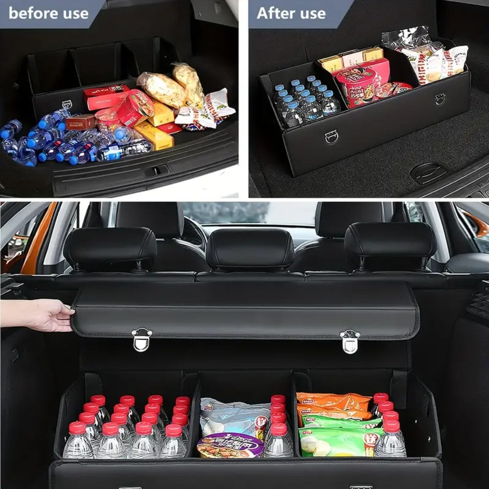 Car Trunk Organizer, Foldable PU Leather and Oxford Box with Adjustable Dividers in 12.15 Gallon or 32L Sizes