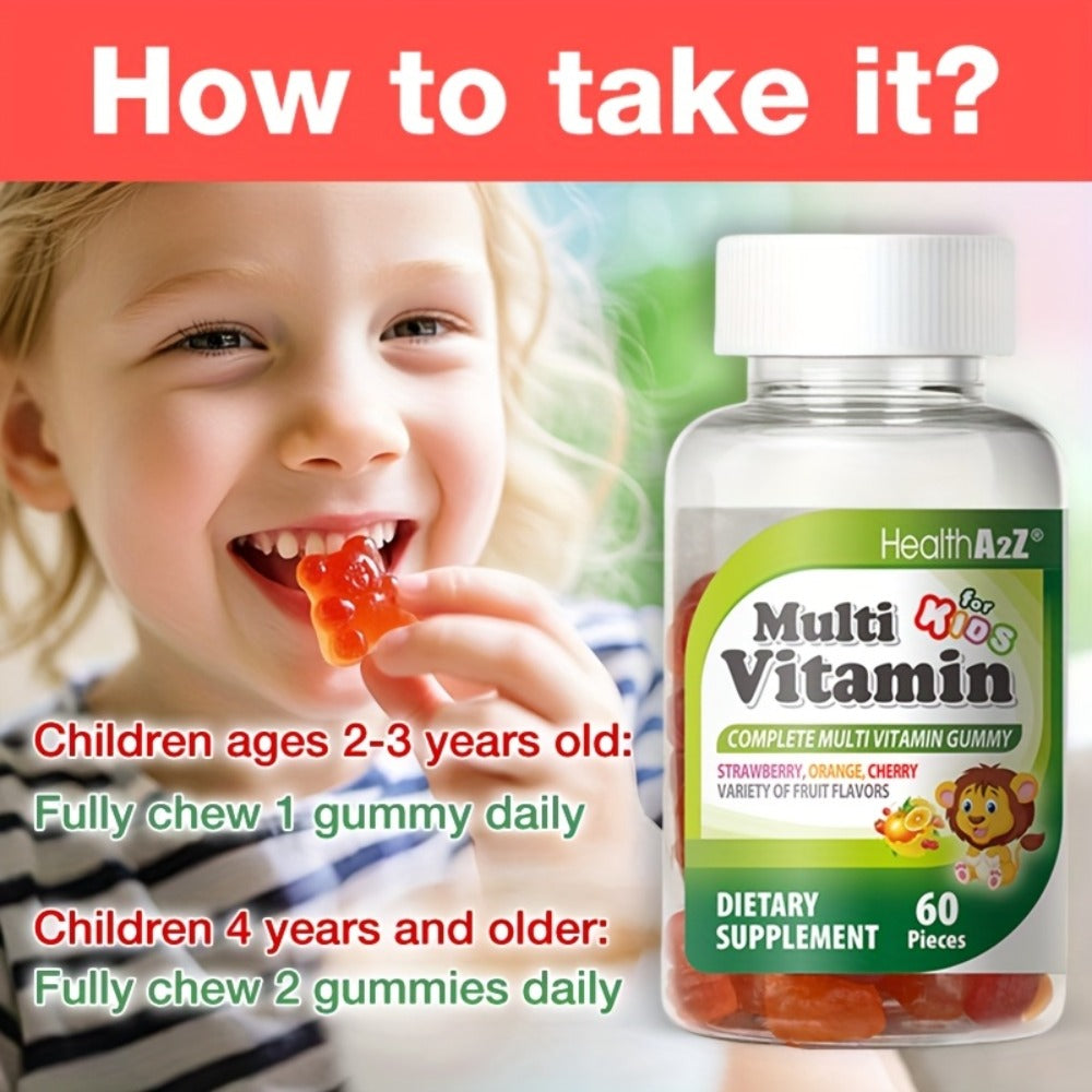 Kids Multivitamin Gummies 60ct with D3, Vitamins A, C, E, B6, B12, Folic Acid, Zinc & Choline for Brain