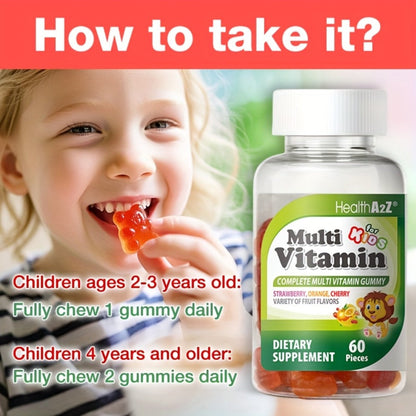 Kids Multivitamin Gummies 60ct with D3, Vitamins A, C, E, B6, B12, Folic Acid, Zinc & Choline for Brain
