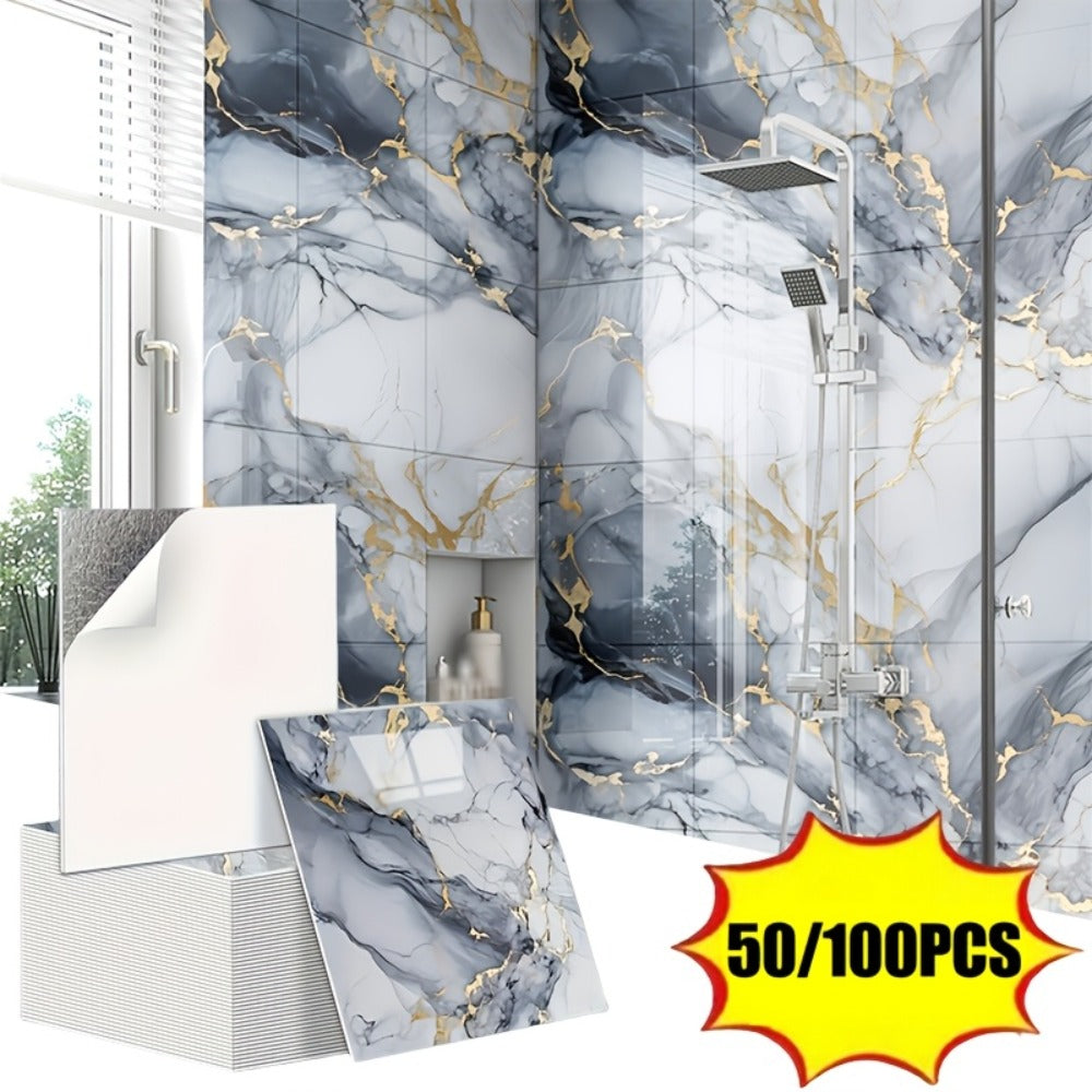 Peel and Stick Wall Tiles 50/100pcs – PVC Marble Self-Adhesive Vinyl Panels for Bathroom Shower Kitchen Living Room TV Backdrop