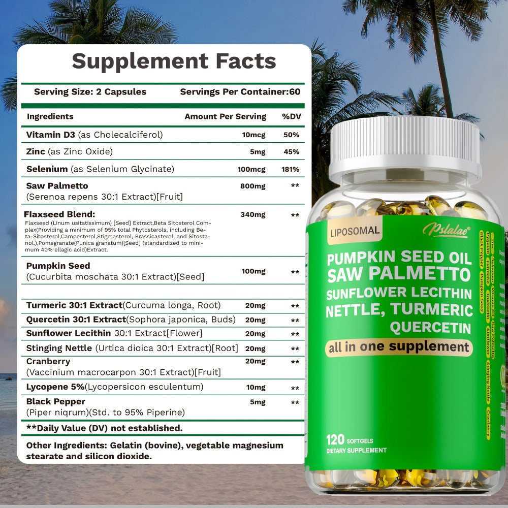 Saw Palmetto Capsules with Pumpkin Seed Oil, Pygeum & Quercetin, Urinary, Bladder, Hair & Heart Health Support for Women & Men