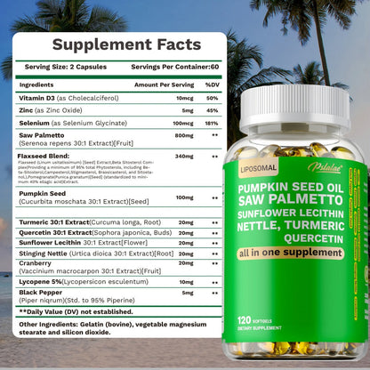 Saw Palmetto Capsules with Pumpkin Seed Oil, Pygeum & Quercetin, Urinary, Bladder, Hair & Heart Health Support for Women & Men