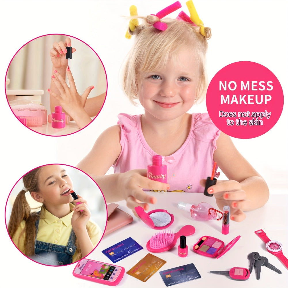 Pink Princess Play Purse Set for Girls, Pretend Makeup Handbag with Phone, Lipstick, Keys & Crossbody Bag