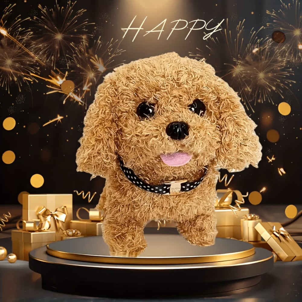 Simulation Puppy Robot Electric Interactive Dog Toy, Auto Walking, Barking & Tail Wagging, Plush Biomimetic Pet with Dog Bone Accessory