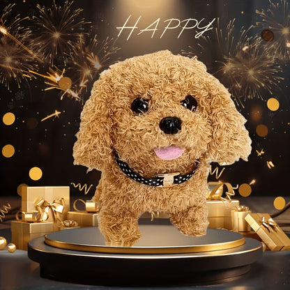 Simulation Puppy Robot Electric Interactive Dog Toy, Auto Walking, Barking & Tail Wagging, Plush Biomimetic Pet with Dog Bone Accessory