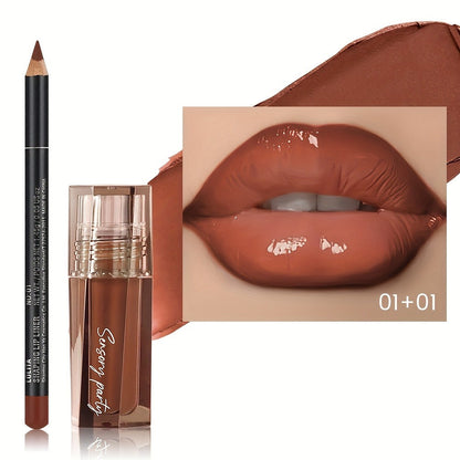 Lip Gloss Lip Liner Set Hydrating Water-Gloss Dewy Finish – 3D Precision Contour Matte Liner, for Makeup, Travel and Everyday Vanity Use