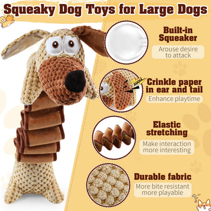 Squeaky Plush Dog Toy 15.7 Inch Stretchable to 19.7 Inch Crinkle Paper Filled Tug Chew Fetch Toy for Large Medium Small Dogs No Battery