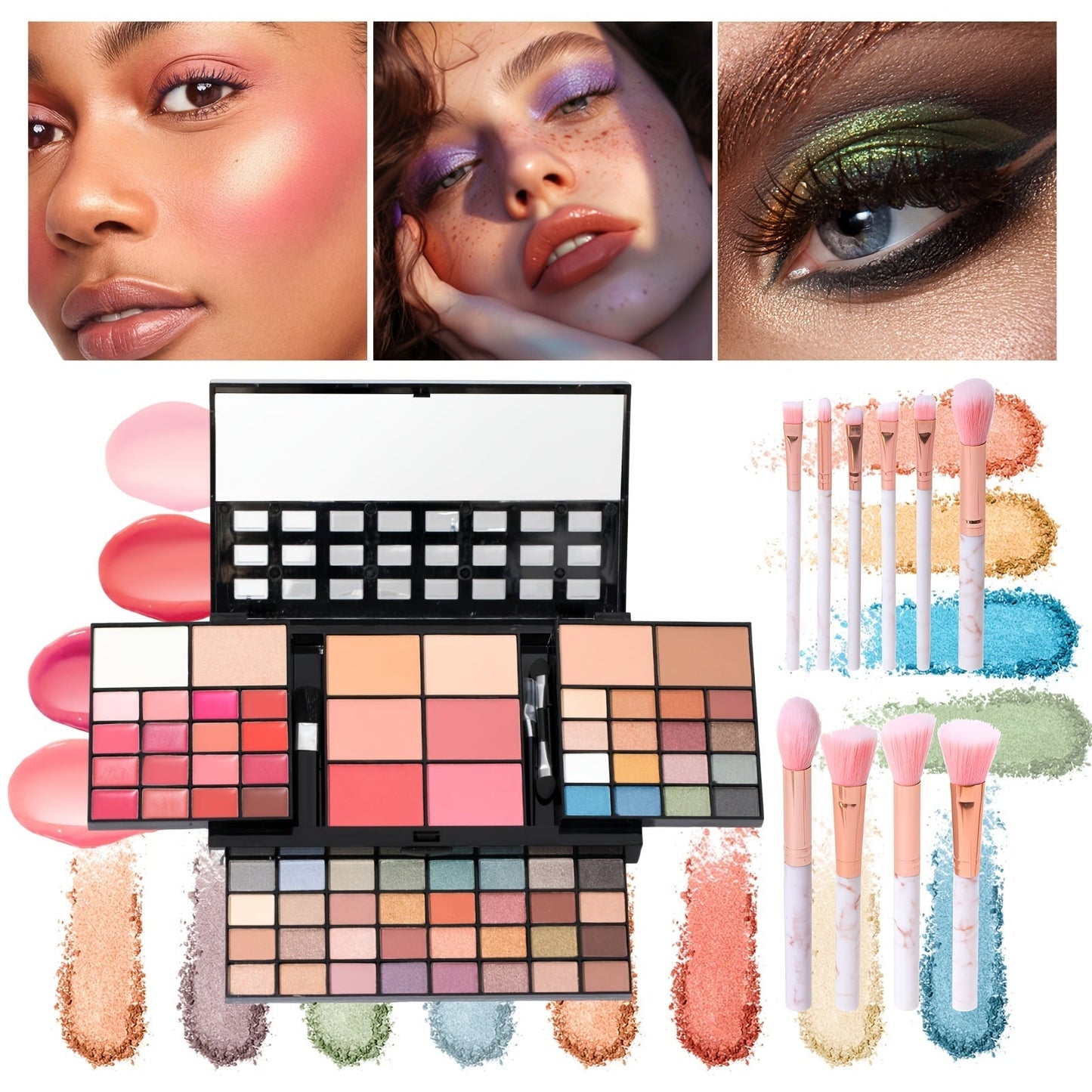 Portable Makeup Case Set with Fold-Out Color Palettes, Brush Collection and Silver or Leopard-Print Case Options