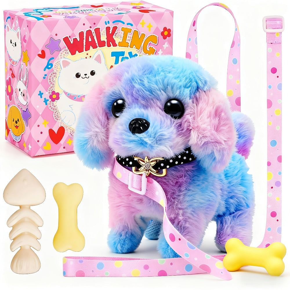 Walking Barking Electric Plush Puppy Toy That Walks Wags Tail & Barks, Realistic Interactive Pet Dog with Leash Bone Bow Tie