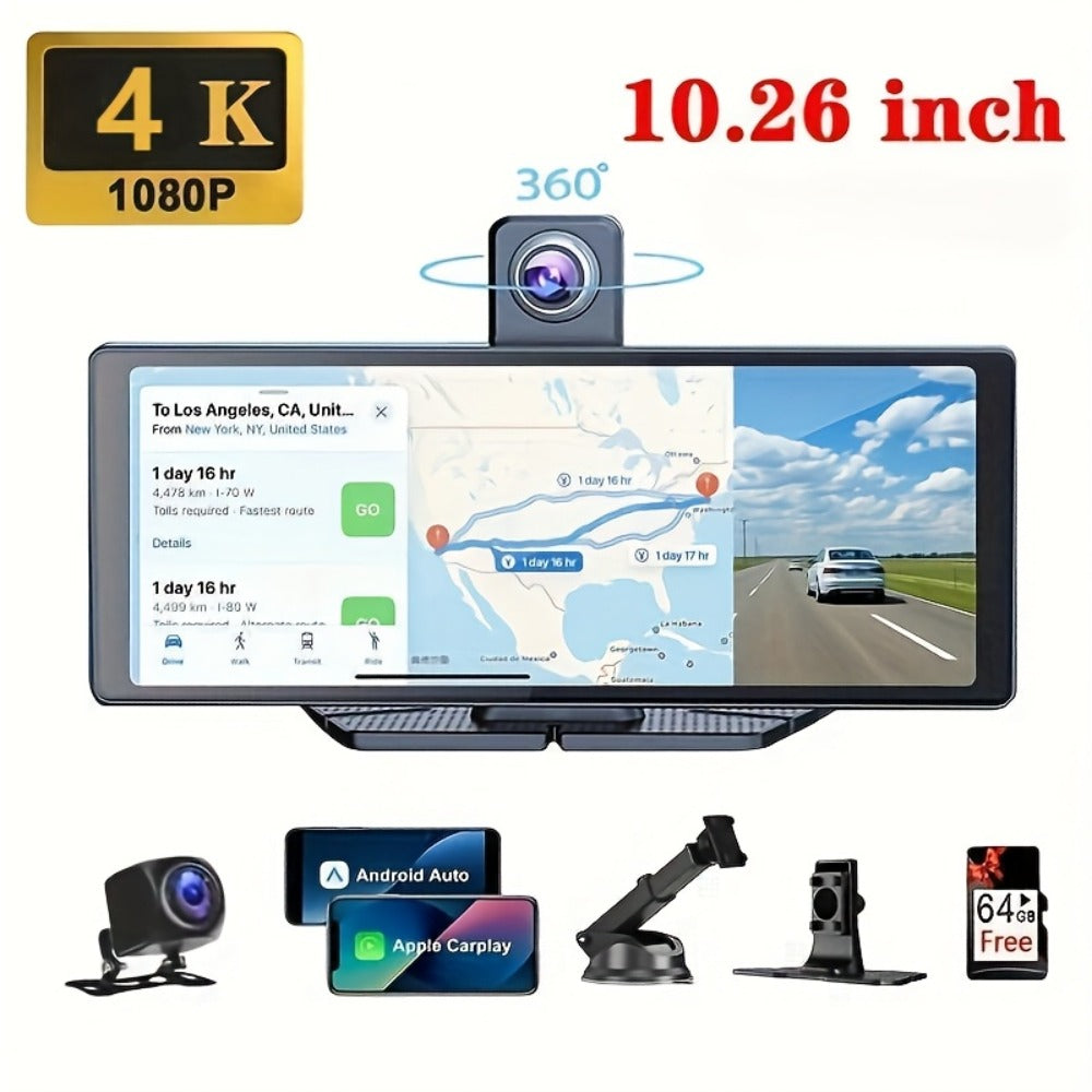 10.26 Inch Car Screen with Wireless CarPlay & Android Auto – Ultra HD Bluetooth Car Monitor, Dual Camera, Reversing Assist, Navigation