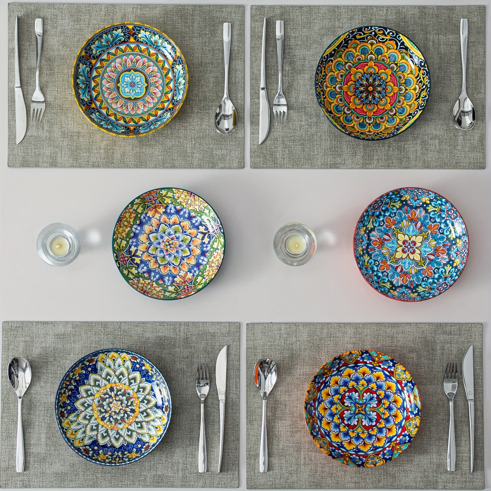 Bohemian Pasta Bowls Set of 6, 32 Oz Porcelain, Floral Pattern, Microwave &, VANCASSO for Entryways, Bedrooms and Living Spaces