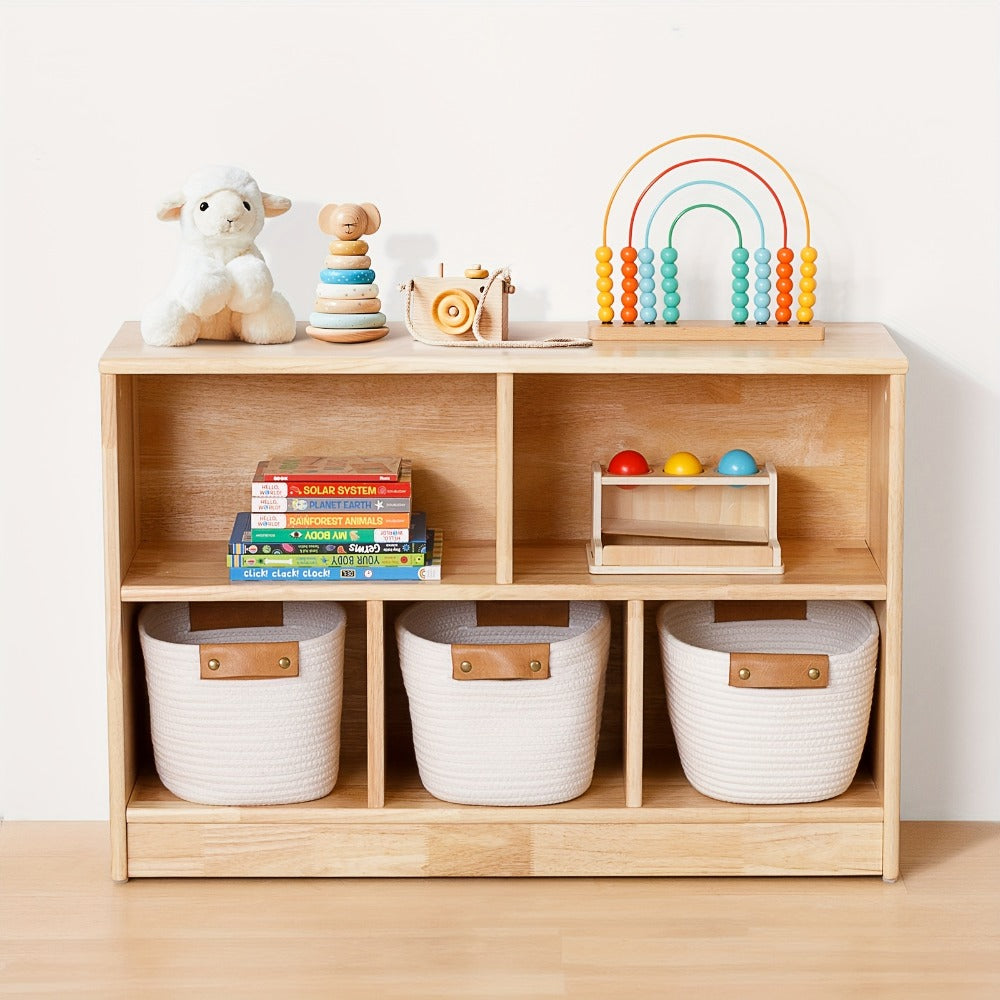 Rubber Wood 5-Compartment Bookshelf 35.4", 2-Tier Wooden Storage Cabinet for Classroom, Playroom & Preschool
