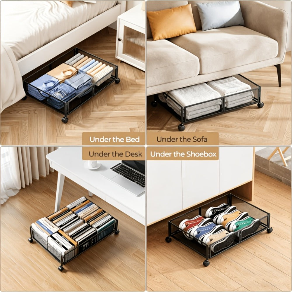 Low-Profile Metal Under-Bed Storage Cart with Four Swivel Wheels, Side Handles and 23.6-Inch Frame