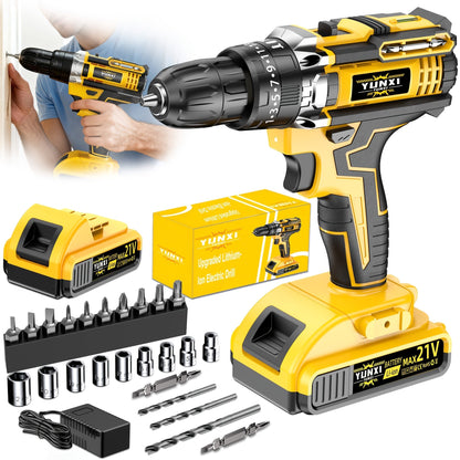 Cordless Impact Drill Set 21V, Electric Power Drill with 2.0Ah Battery, Fast Charger, Screwdriver Bits