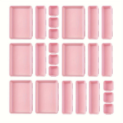 Twenty-Four-Piece Modular Drawer Organizer Tray Set in Black or Pink with Multiple Bin Sizes