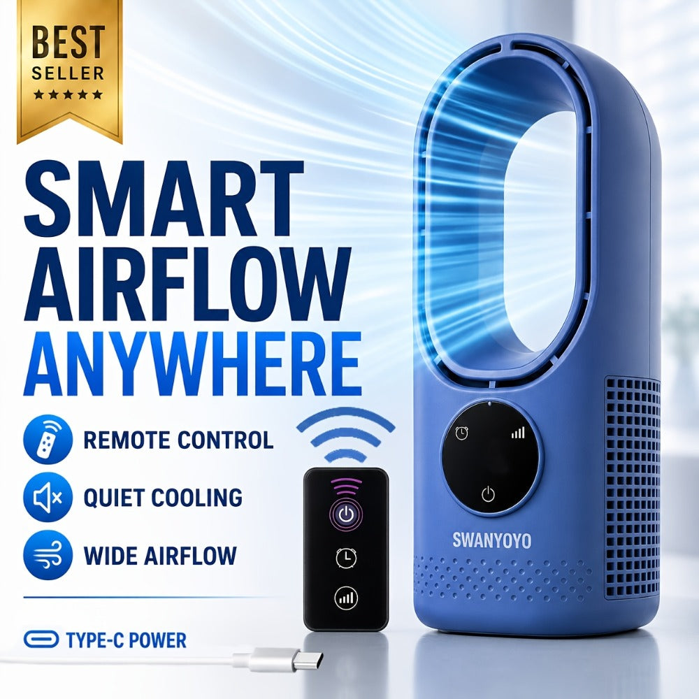 Portable Fan USB-Powered Bladeless Tower Model with Water Mist, Remote, Touch Controls and LED Light