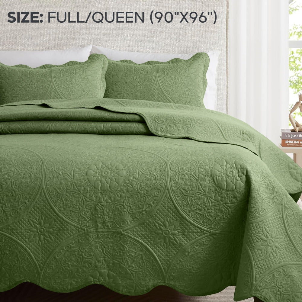 Floral-Pattern Three-Piece Bedspread Set in 16 Colors with Twin, Queen, King and California King Sizes