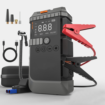 Jump Starter Power Bank 10000A 4-in-1 with 150 PSI Air Compressor LED Emergency Light USB Charging for Garden, Patio and Yard Use