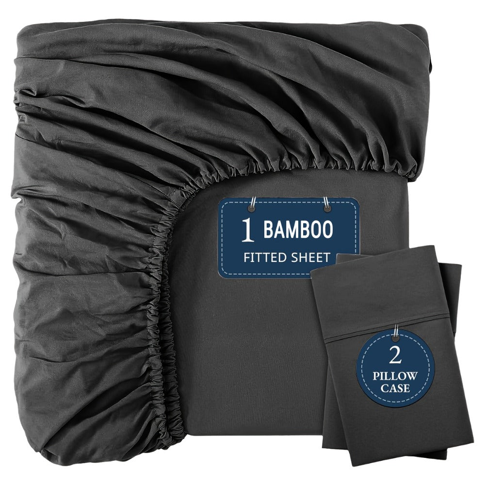 Bamboo Fitted Sheet Set 3-Piece – Cooling Breathable Soft Deep Pocket Bed Sheets, Twin Full Queen King, 12 Colors – Fits Mattress Up to 15"