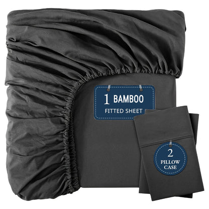 Bamboo Fitted Sheet Set 3-Piece – Cooling Breathable Soft Deep Pocket Bed Sheets, Twin Full Queen King, 12 Colors – Fits Mattress Up to 15"