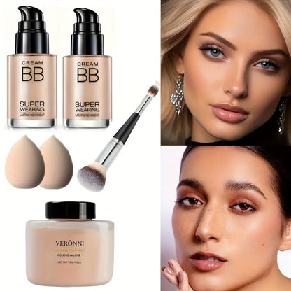 BB Cream Setting Powder Set 2 Pcs with Tools Concealer Oil Free Matte Face Makeup for Women, for Makeup, Travel and Everyday Vanity Use